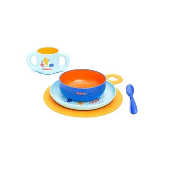 

SUAVINEX TABLEWARE SET LEARNING BOOO + 6 MONTHS BLUE COLOR (Mug, Plate, Bowl, spoon and Tablecloth).