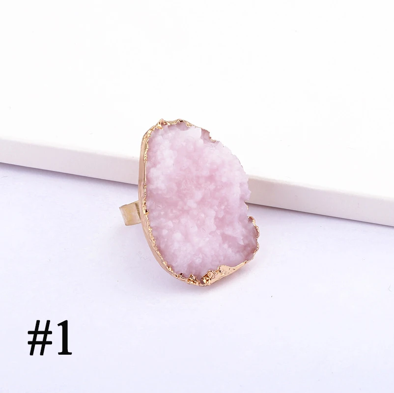 Vintage Boho Open Adjustable Pink Druzy Resin Rings Women Gold Plated Weddding Faux Geode Crystal Rings For Women Jewelry J171