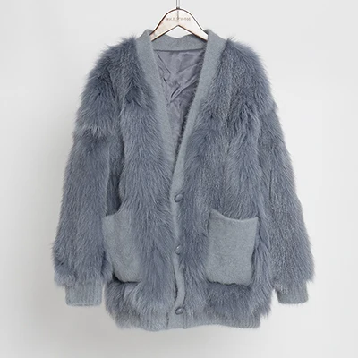 blue Шуба из натурального Лисьего меха зимнее пальто женская кожаная куртка трикотажные манжеты v-воротник длинный рукав - Цвет: blue