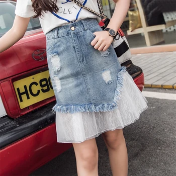 

Zoki Mesh Lace Patchwork Women Denim Skirt Fashion Ripped Tassel Summer High Waist Jeans Skirt Korean A Line Midi Mujer Faldas