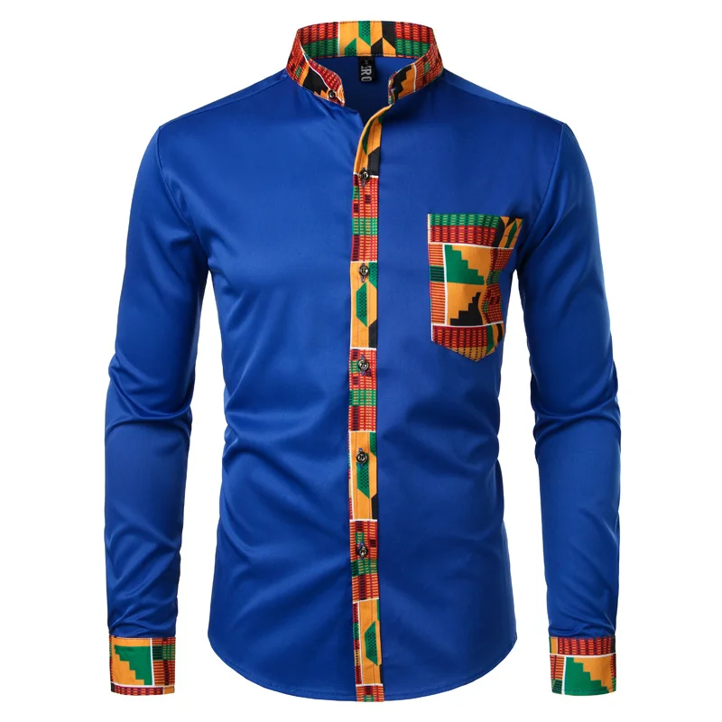 

Patchwork Pocket Dashiki African Mens Shirt Africaine Print Shirt Male Ankara Style Long Sleeve Design Collar Dress Shirts
