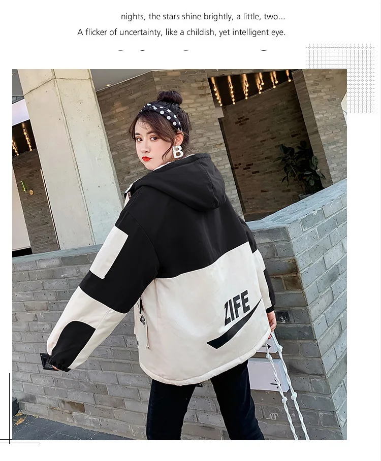 Ulzzang, разноцветная рабочая одежда, бейсбольная форма, хлопковая стеганая одежда, женская зимняя одежда, стиль, BF, овечья шерсть, свободный крой, Короткие топы