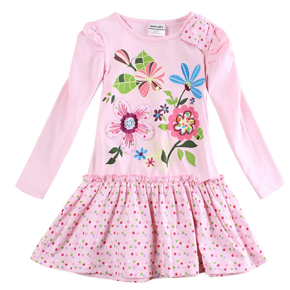 

2019 Autumn Girls Long-sleeved Princess Dress Flower Pattern Cotton Wavelet Point Pink Children's Clothing LH5795