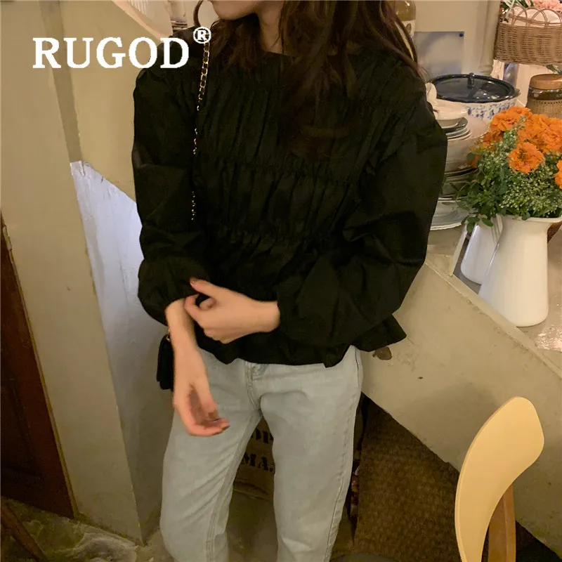 RUGOD Весенняя плиссированная блузка, женские блузки с длинным рукавом, элегантный однотонный топ, корейская модная одежда, женские рубашки, Повседневная рубашка