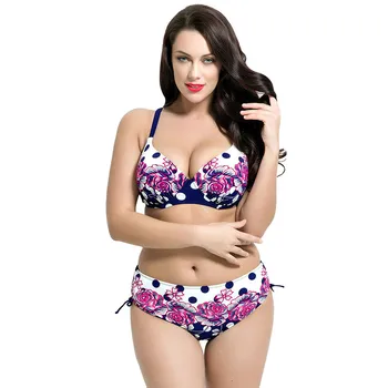 

2020Two Pieces Swimsuit Flower Printed Swimwear Women Underwire Push Up Bikini Floral Dot Tankini Plus Size 7XL Trikini