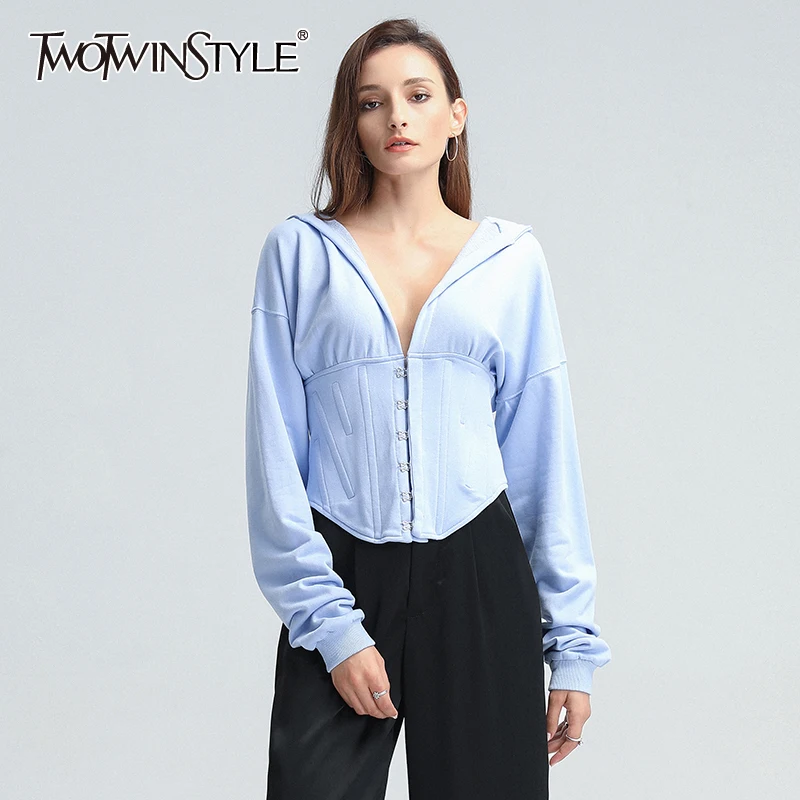 

TWOTWINSTYLE Sexy Slim Sweatshirt For Women Hooded Long Sleeve Cross Drawstring Tunic Elegant Sweatshirt Female 2020 Fashion New