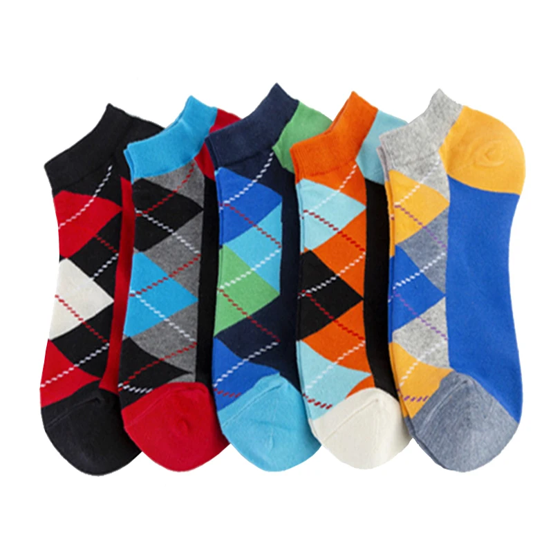 

5 Pairs Hot Sale Casual Men Socks Short New fashion design Plaid Colorful happy Business Dress Cotton Socks Man size 39-46
