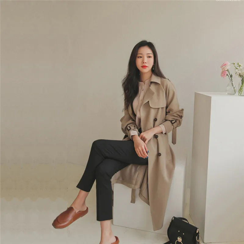 Осенняя одежда, Южная Корея, Dongdaemun, высший сорт, хлопок, лен, женское платье, английский плащ, Женское пальто цвета хаки