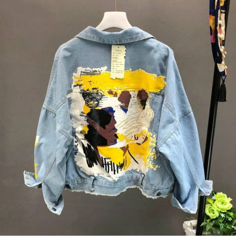 

Denim Jacket 2020 Spring Autumn Fashion Pockets Hand-painted Pattern Chic Coat Letters Print Cool Girl BF Outwear