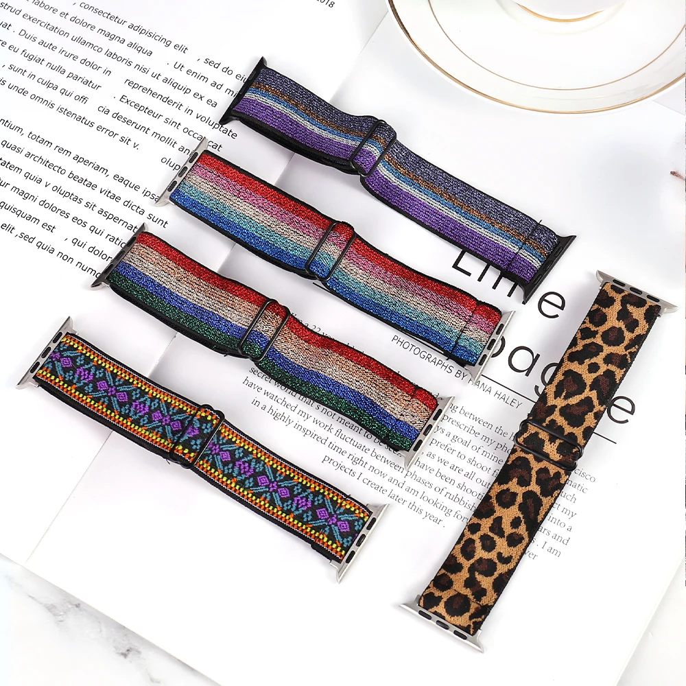 Soft and comfortable nylon Loop elastic buckle Apple watch band 38mm 42mm Series 7 SE654321 For iWatch Strap Bohemia braid  44mm