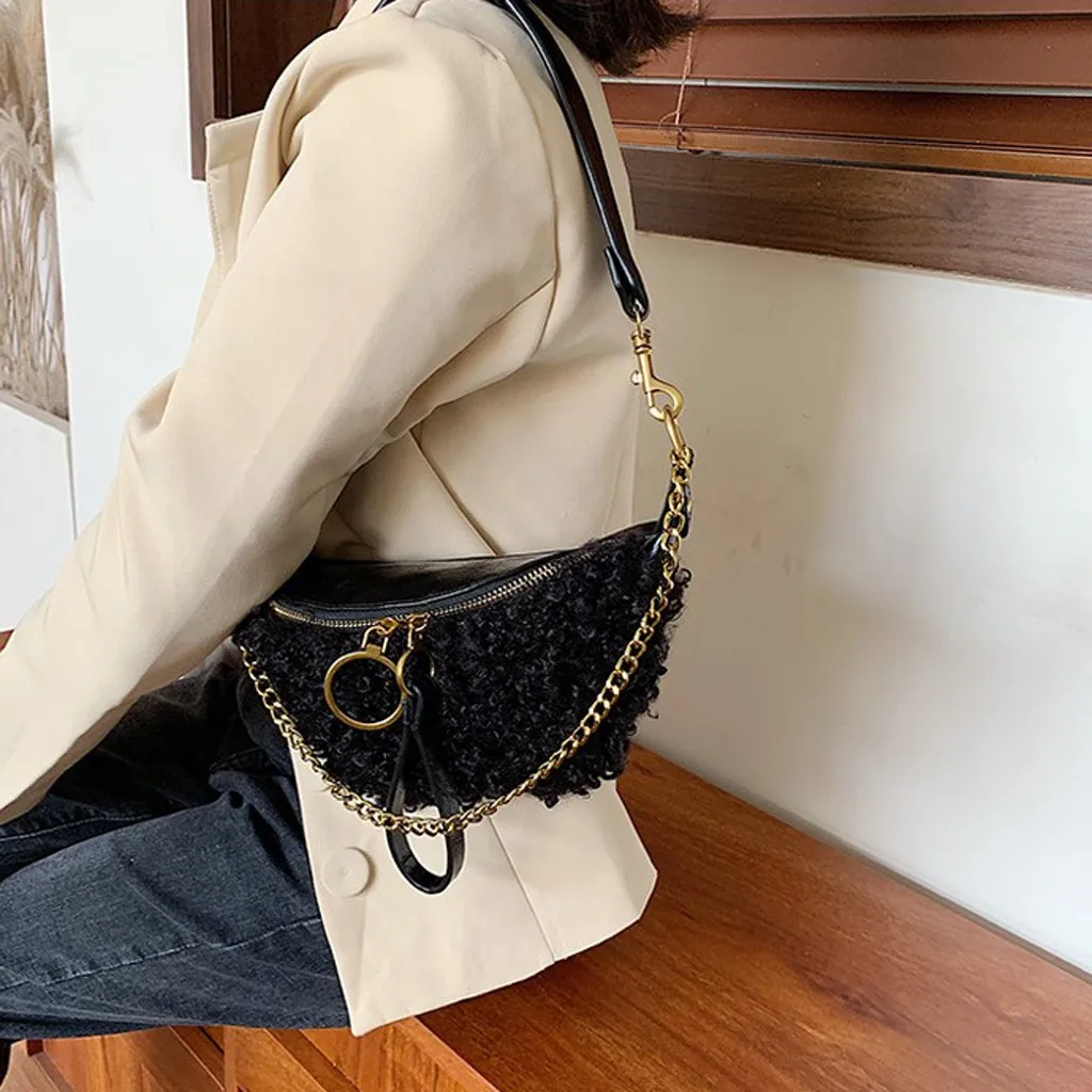 Женская мода Личность пушистая кожа сплошной цвет цепь диагональная Крест сумка поясная сумка Грудь сумка