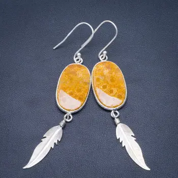 

Natural Fossil Coral Handmade Unique Leaf 925 Sterling Silver Earrings 3" B2616