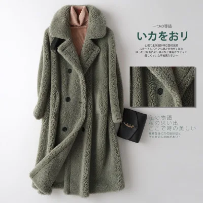 Army Green Зимнее меховое пальто для женщин, высокое качество, двубортное длинное пальто из овчины, Толстая теплая однотонная свободная Меховая куртка, Женское пальто - Цвет: Army Green