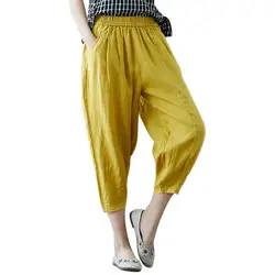 2019 весенне-осенние новые модные женские желтые однотонные хлопковые и льняные брюки с эластичной резинкой на талии модные женские брюки