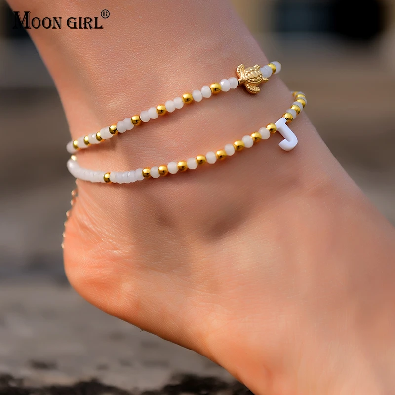 Pulsera de doble capa en la para mujer, tobilleras con letras personalizadas de verano, cadena de playa Bohemia con tortuga de cristal, joyería para el pie|Tobilleras| - AliExpress