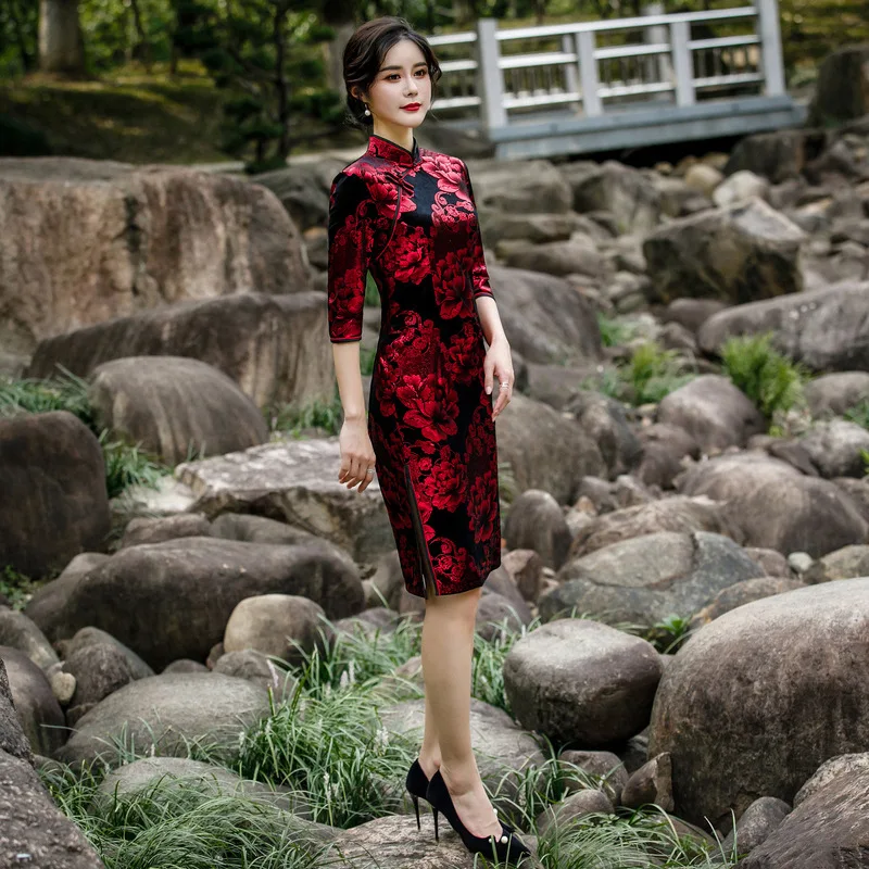 До колена Cheongsam элегантный Qipao Vestidos Размер L-5XL велюровое традиционное китайское Ципао платье