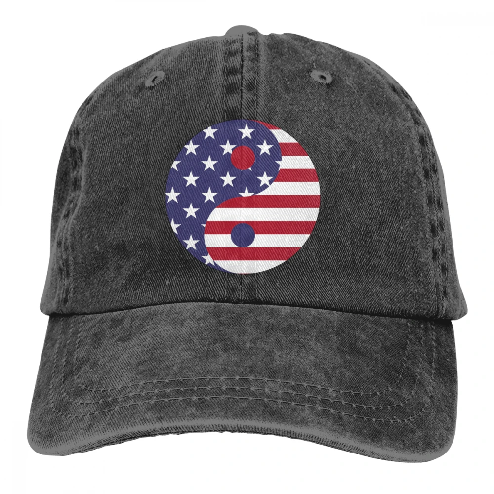 Американский флаг США символ Инь и Янь Casquette серый унисекс Мужские Женские джинсовые бейсболка с ремешком кепки Регулируемый Гольф папа шляпа