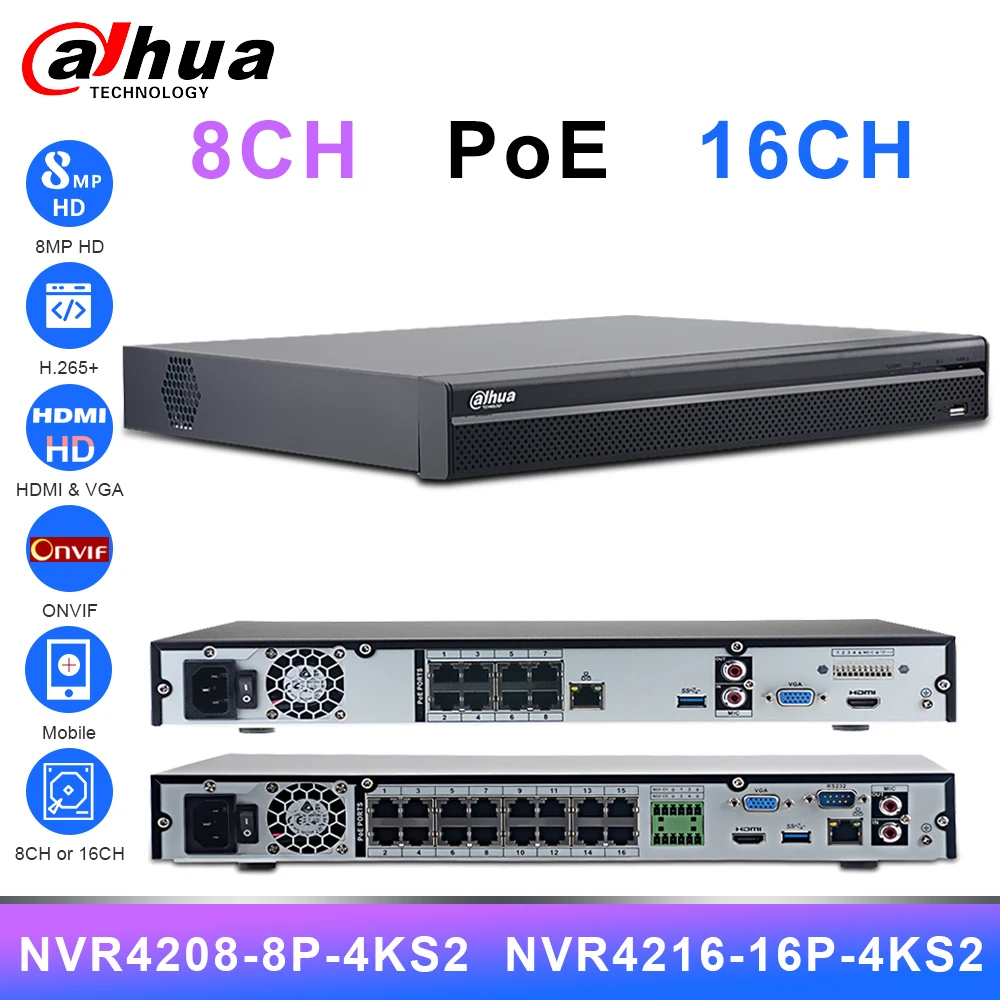 Dahua PoE NVR 8CH 16CH 4K NVR4208-8P-4KS2 NVR4216-16P-4KS2 con HDD PoE Puerto 8MP H.265 2 SATA IPC IP Cámara sistema de seguridad