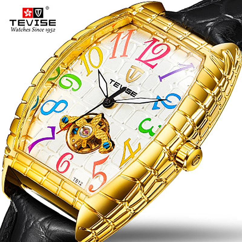 

TEVISE Men Square Dial Design Automatic Watch Leather Strap Mechanical Watch Tourbillon Military male Clock Relogio Masculino
