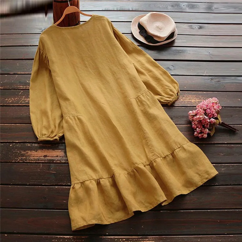 Женское весенне-осеннее платье женское модное повседневное однотонное Свободное платье с круглым вырезом и длинными рукавами короткое дышащее Удобное повседневное платье 5