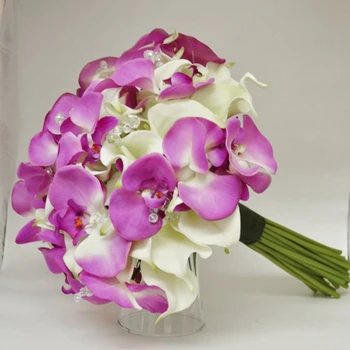 

Romantic Artificial Bruidsboeket Wedding Bouquet Purple Moth orchid and white lily cala flowers bouquet home decoration
