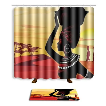 

African Girl Waterproof Fabric Shower Curtain With 3pcs Toilet Cover Mats Non-Slip Rugs Bathroom Set Gifts,Multi-Pattern