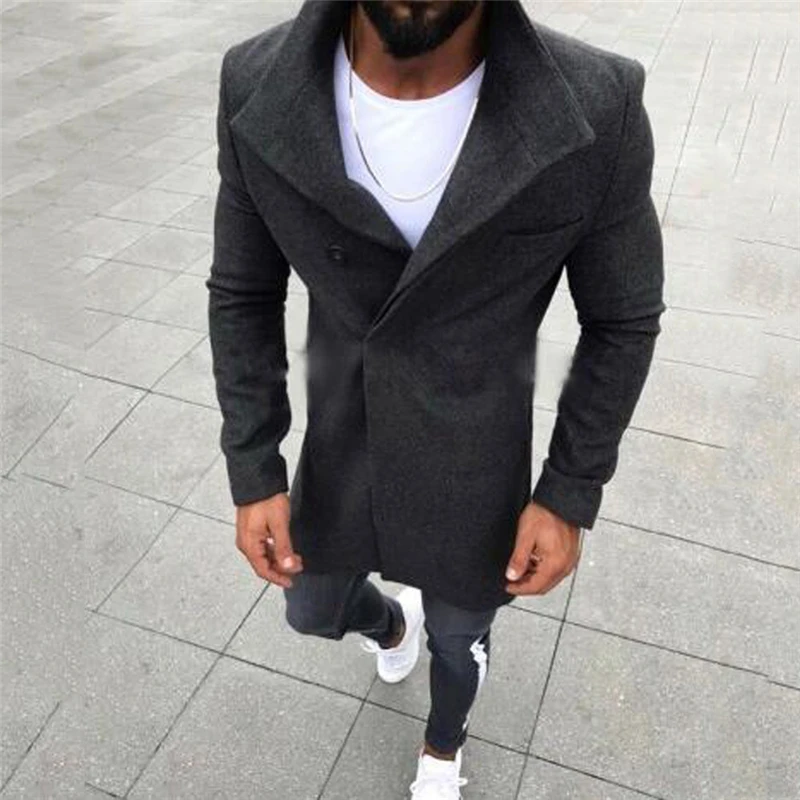 LOOZYKIT, новинка, модное мужское шерстяное пальто с пуговицами, однотонное, с длинным рукавом, ветровка, шерстяное пальто, мужское зимнее пальто, длинное пальто для мужчин - Цвет: Dark Gray
