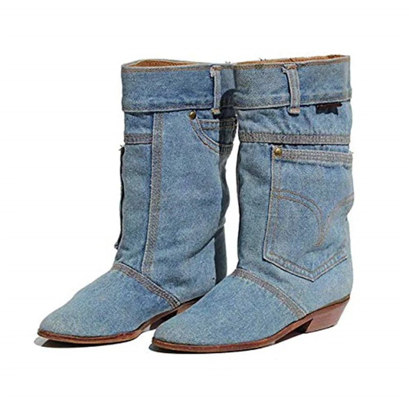 Джинсовые повседневные джинсовые сапоги на низком каблуке в европейском и американском стиле женские ковбойские сапоги осень-зима размеры 34-43