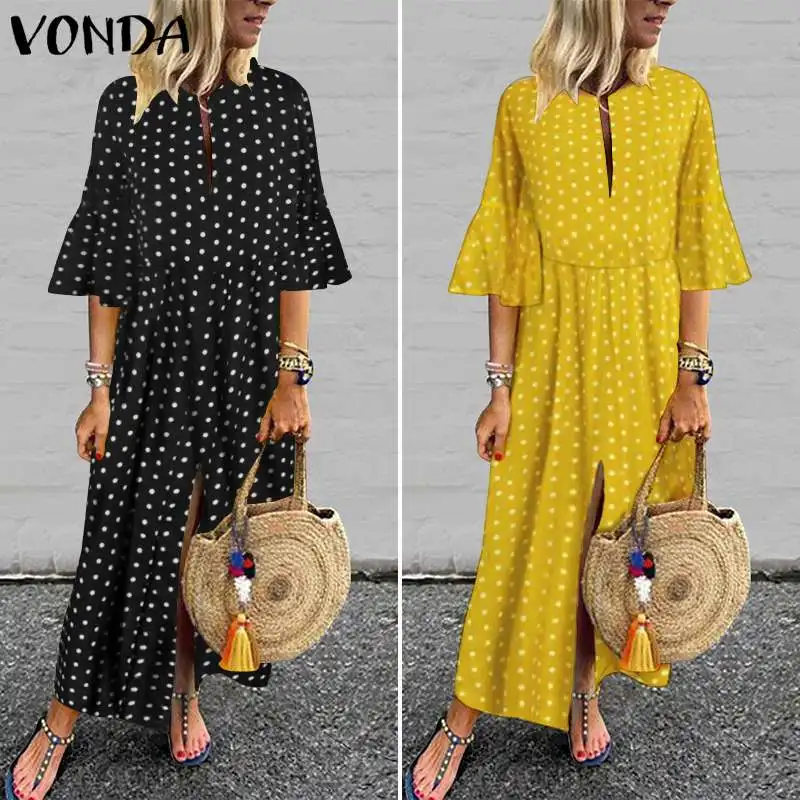 VONDA вечерние женские платья на осень с рукавом до локтя, однотонные длинные платья макси, повседневные пляжные сарафаны, свободные богемные платья Vestidos Femme Robe