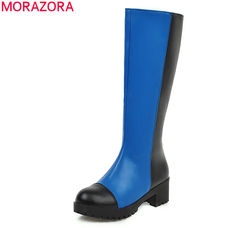 MORAZORA/; Лидер продаж; модные сапоги до колена из искусственной кожи; простые теплые зимние женские сапоги на среднем каблуке с круглым носком; женские сапоги