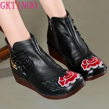 

GKTINOO Women Genuine Leather Boots 2019 Fashion Handmade Retro Boots Wedges Heels Ankle Boots Female Cowhide Embroidered Shoes