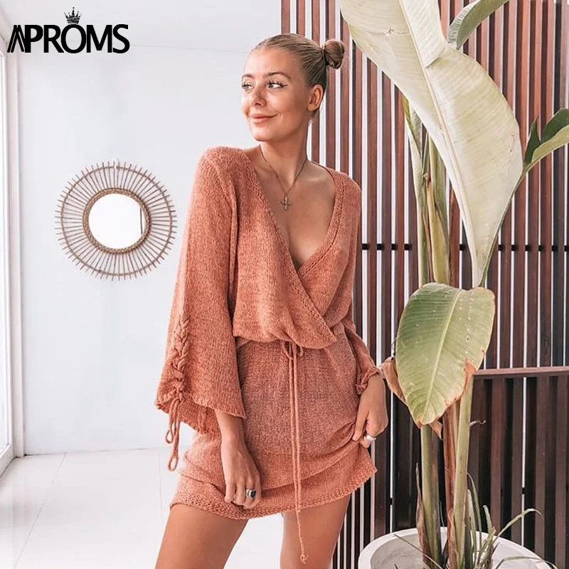 

Aproms Solid Color Lace up Knitted Dress Women Elegant Flared Sleeve Loose Short Dresses Autumn Holiday Casual Outfits Dresses