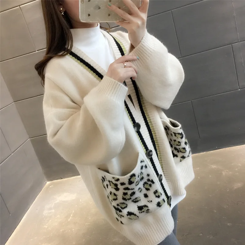 Creamy-white Весна и осень новая свободная Корейская версия v-образным вырезом вязаный кардиган женский леопардовый карман длинный дикий свитер пальто - Цвет: Creamy-white