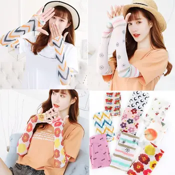 

Women Ice Silk Mesh Fingerless Long Sleeve Arm Warmers Cover Geometric Stripes Floral Print UV Protection Driving Gloves