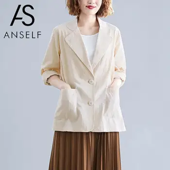 

2020 Spring Autumn Women Business Suit Cotton Linen Blazer Slim Jacket Coat Solid Color Long Sleeve Blazer female tunic tops 2XL