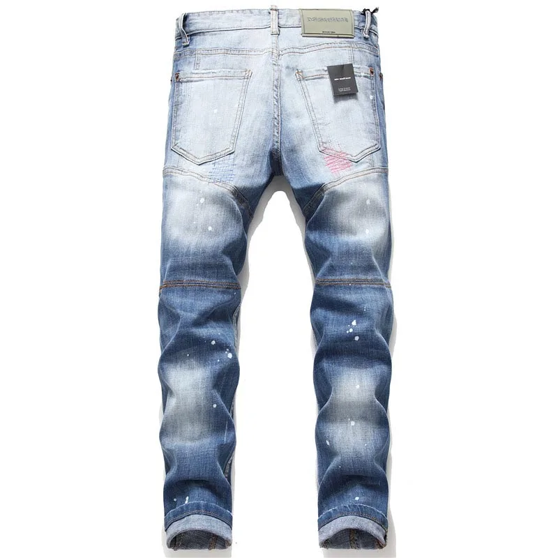 KIOVNO Mens Ripped Holes Denim Trousers Painted Patchwork Stretch  Jeans Pants For Male Straight (5)