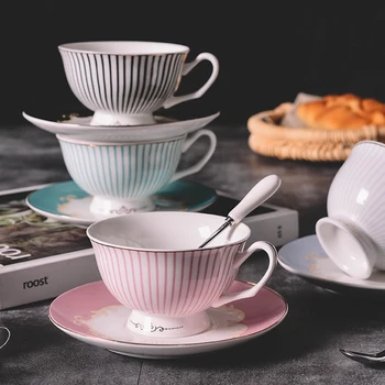 

Luxury Lines Ceramic Coffee Cup Mug with spoon And Tray European style Blue Black Pink Breakfast Afternoon Teacup Coffee Set