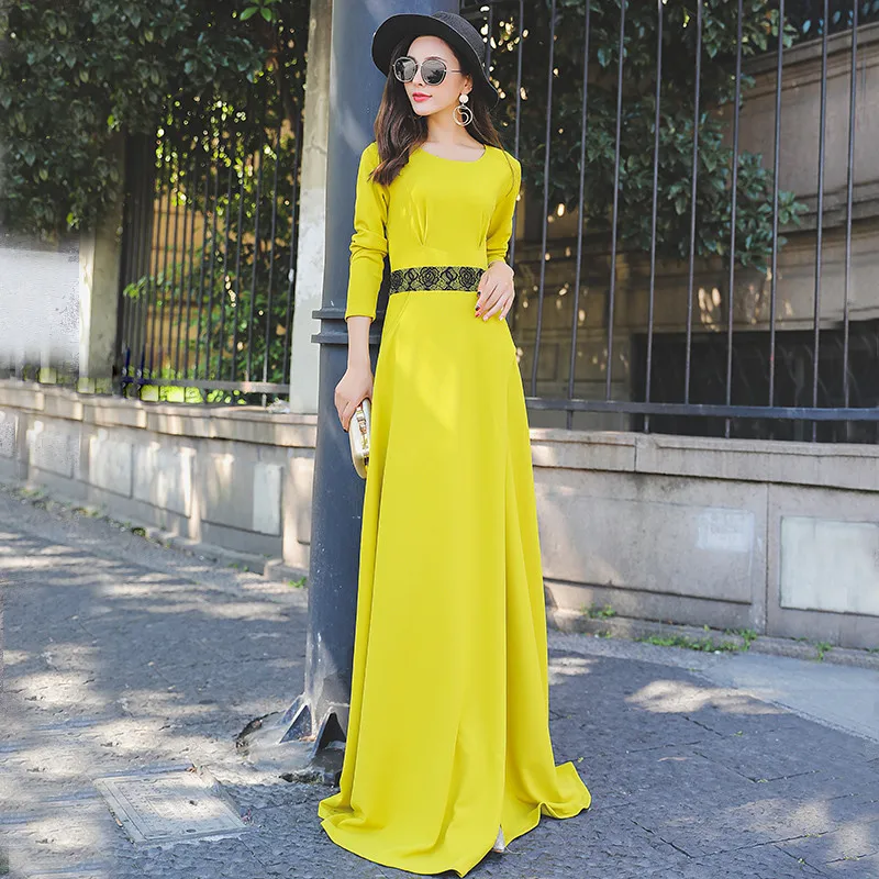 

Robe Longue Maxi 2020 Ladies Elegant Autumn Vestidos Plus Size Yellow Dress Women Slim Long Dresses WXF535