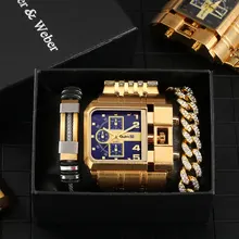 

Oulm Men's Watches Top Luxury Gold Stainless Steel Band Adjustable Lava Stone Bead Bracelet Multi-Time Zone Male Watch Gifts Set