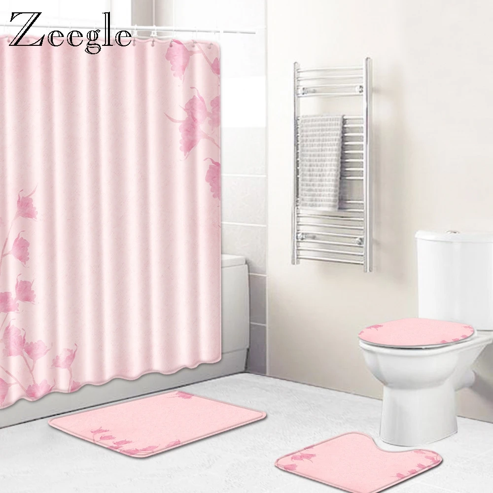 Zeegle 4pcs Bath Mat Set Flannel Toilet Doormat Washable Bathroom Shower Rug Absorbent Toilet Pedestal Rug Waterproof Curtain