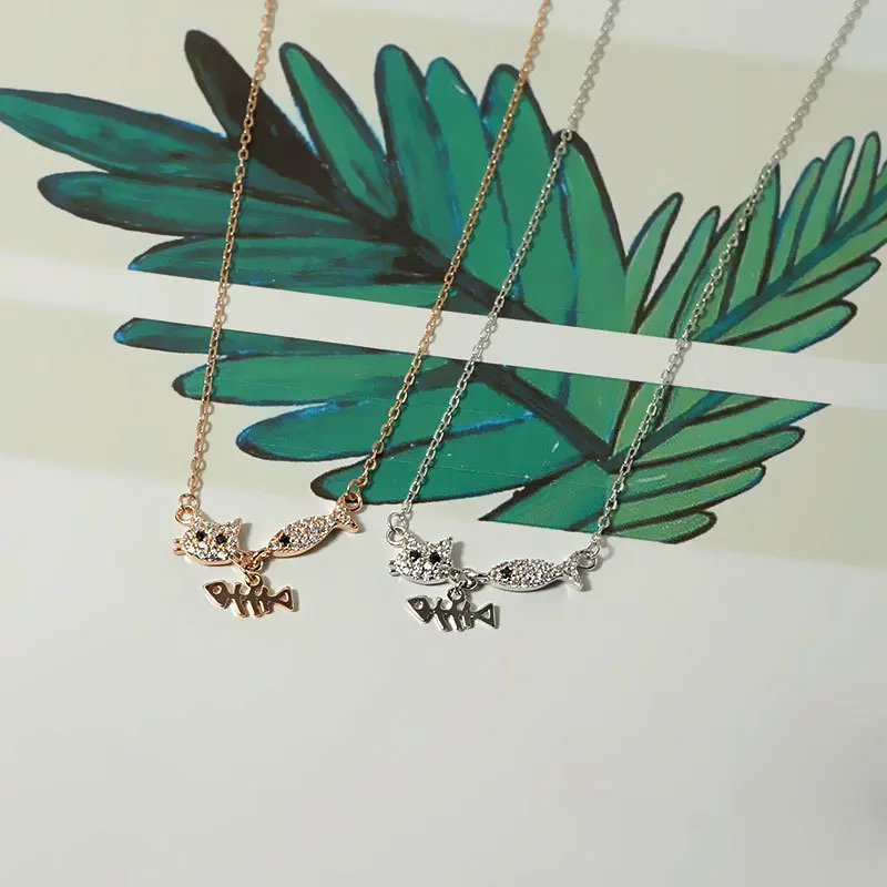 

Sweet 925 Sterling Insets Cute Cat Hanging Fish Bone Necklace Korean-style Korean Style Autumn And Winter Creative New Style Nec