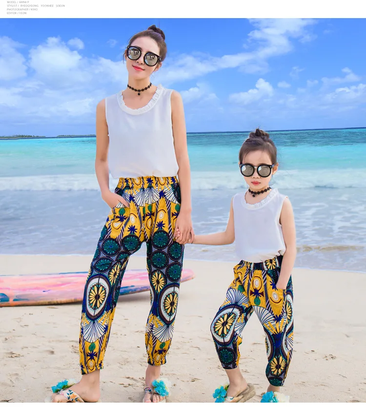 Летний комплект одинаковой одежды для семьи комплект одежды для мамы и дочки, рубашка без рукавов для мамы и дочки+ штаны комплект семейной одежды из 2 предметов