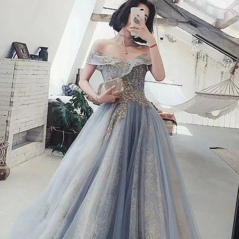 

2021 new Modest A Line Tulle Prom Dresses Sparkly short Sleeves floor Length Formal Evening Gowns lace graduation dresses
