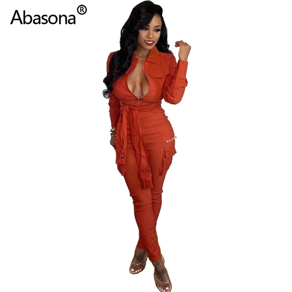 Abasona, осень, женские зимние комбинезоны с отложным воротником, на молнии, полный рукав, одноцветные, на шнуровке, комбинезоны, стиль сафари, цельный костюм