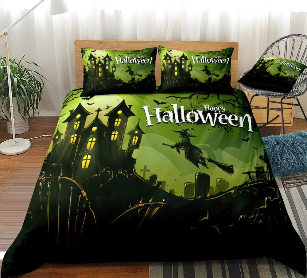 

3D Halloween Duvet Cover Set Witch Flying on Broom Bedding Set King Dropship Bat Home Textiles Castle 3pcs Green Quilt cover Kid