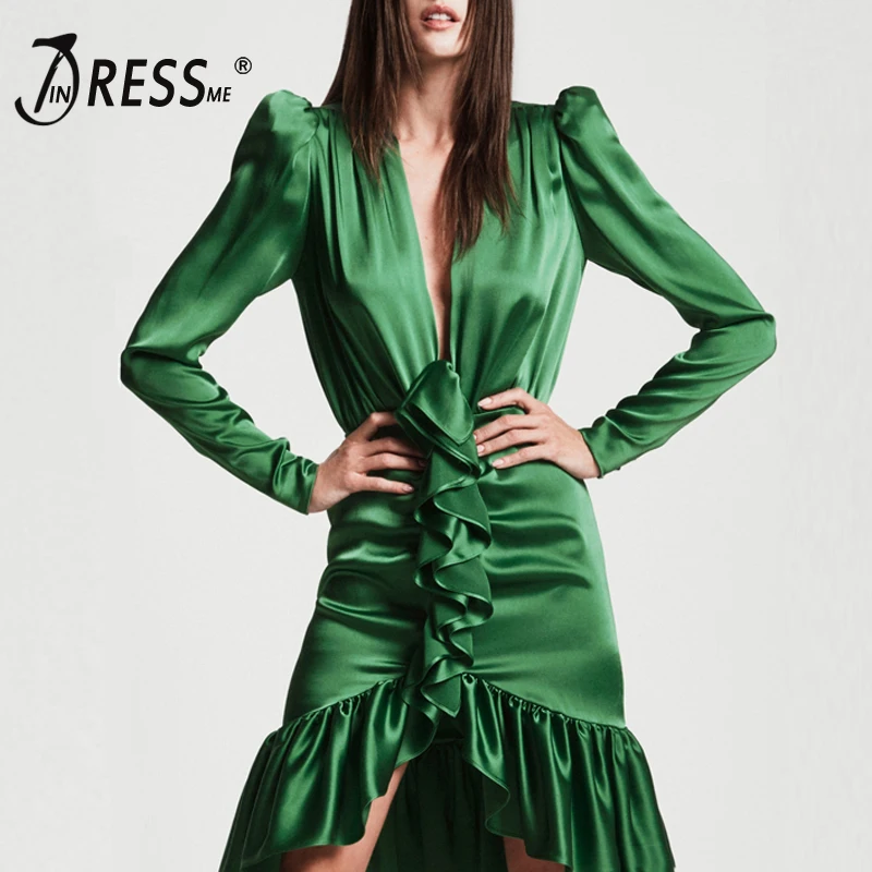 

INDRESSME 2019 New Fashion Women Sexy Vestidos Deep V Draped Long Sleeve Ruffles Dress Mini Dress Party Club Dress Wholesale