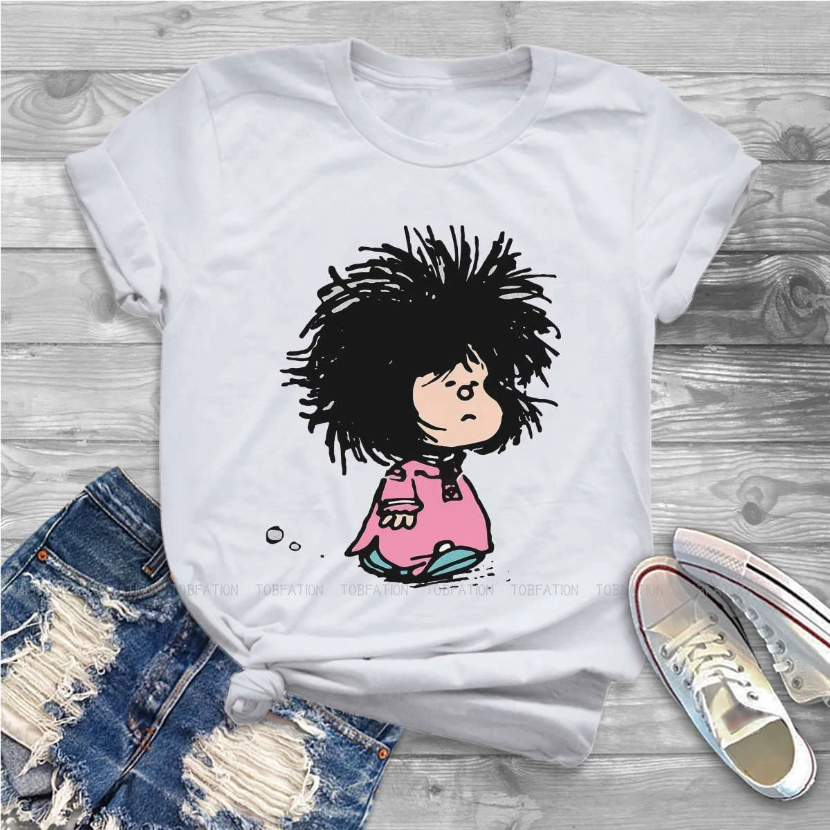De dibujos chicas Mafalda Quino Comics chica Manga Blusas Harajuku pantalón corto Casual Manga Vintage gran tamaño Tops|Camisetas| - AliExpress