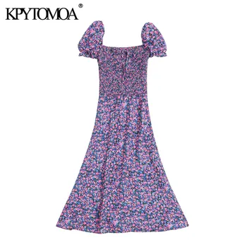 

KPYTOMOA Women 2020 Chic Fashion Floral Print Stretch Midi Dress Vintage Puff Sleeve Elastic Waist Female Dresses Vestidos Mujer