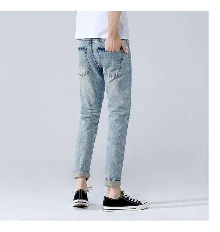 Весенне-летние мужские джинсы, эластичные облегающие, облегающие, в Корейском стиле, модные, с дырками, молодежные, мужские джинсы (длина по