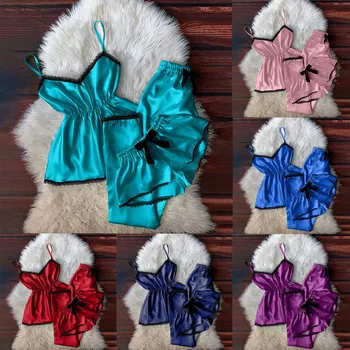 

Women V-Neck Eyelash Lace Sexy Stain Underwear Solid Camisole Pajamas Bowknot Mid-Rise Shorts Intimates Bras Set Corset Femme